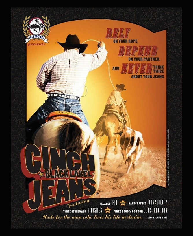 cinch jeans black label jeans retro looking poster with team ropers roping a steer