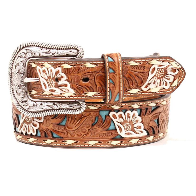 Nocona Belts Brown And Turquoise Tooled Leather Belt