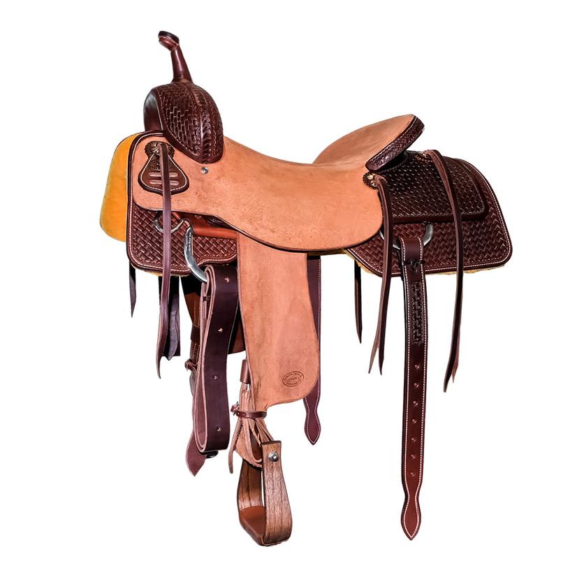 South Texas Tack Half Small Weave Tool Half Rough Out Natural Mahogany 2-Tone Cutting Saddle - 8" Swell