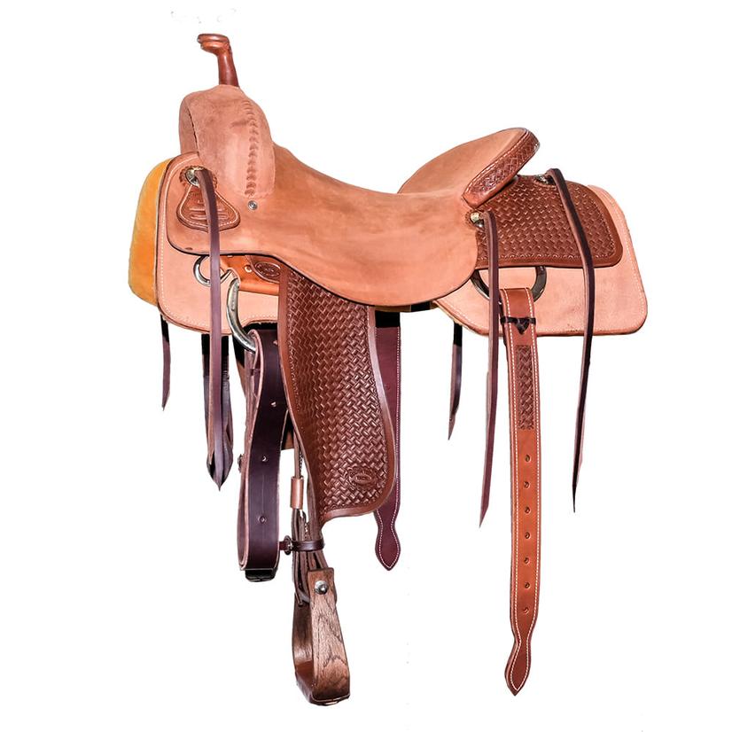 South Texas Tack Half Natural Rough Out Half Small Weave Tool Ranch Cutting Saddle With Tooled Fenders