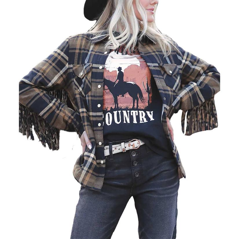 Women's Plaid Twill Shirt Jacket with Fringe Detail by Cruel Denim