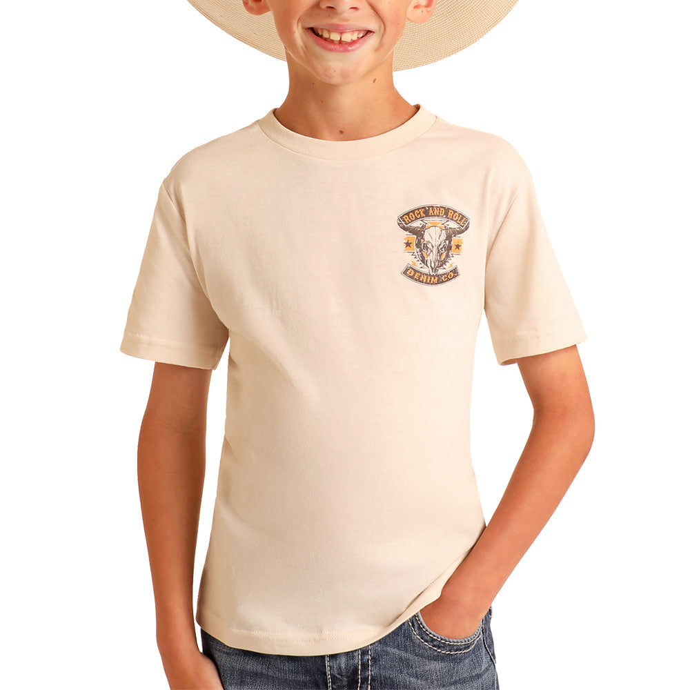 Rock & Roll Cowboy Boy's Short Sleeve Longhorn Skull Graphic Tee In Natural