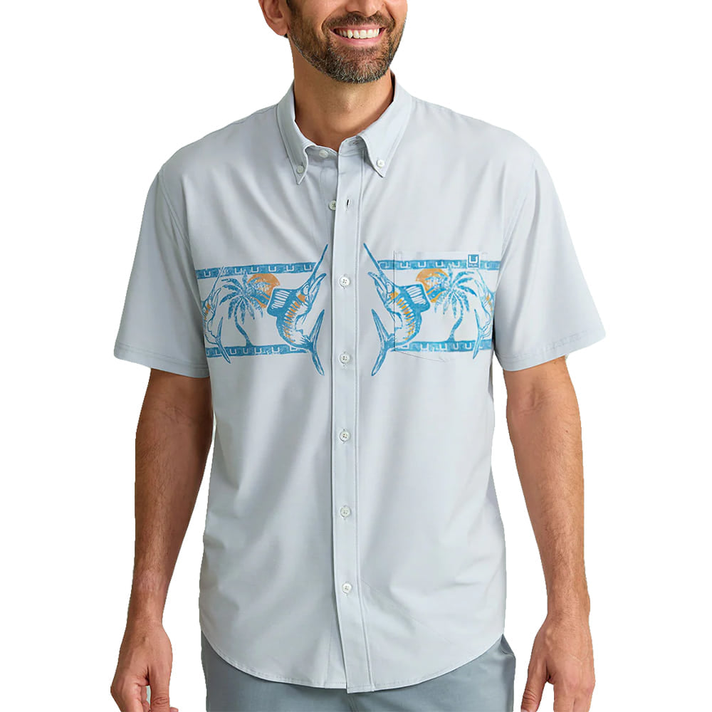 Harbor Mist Kona Short Sleeve Button-Down Graphic Men's Shirt by Huk