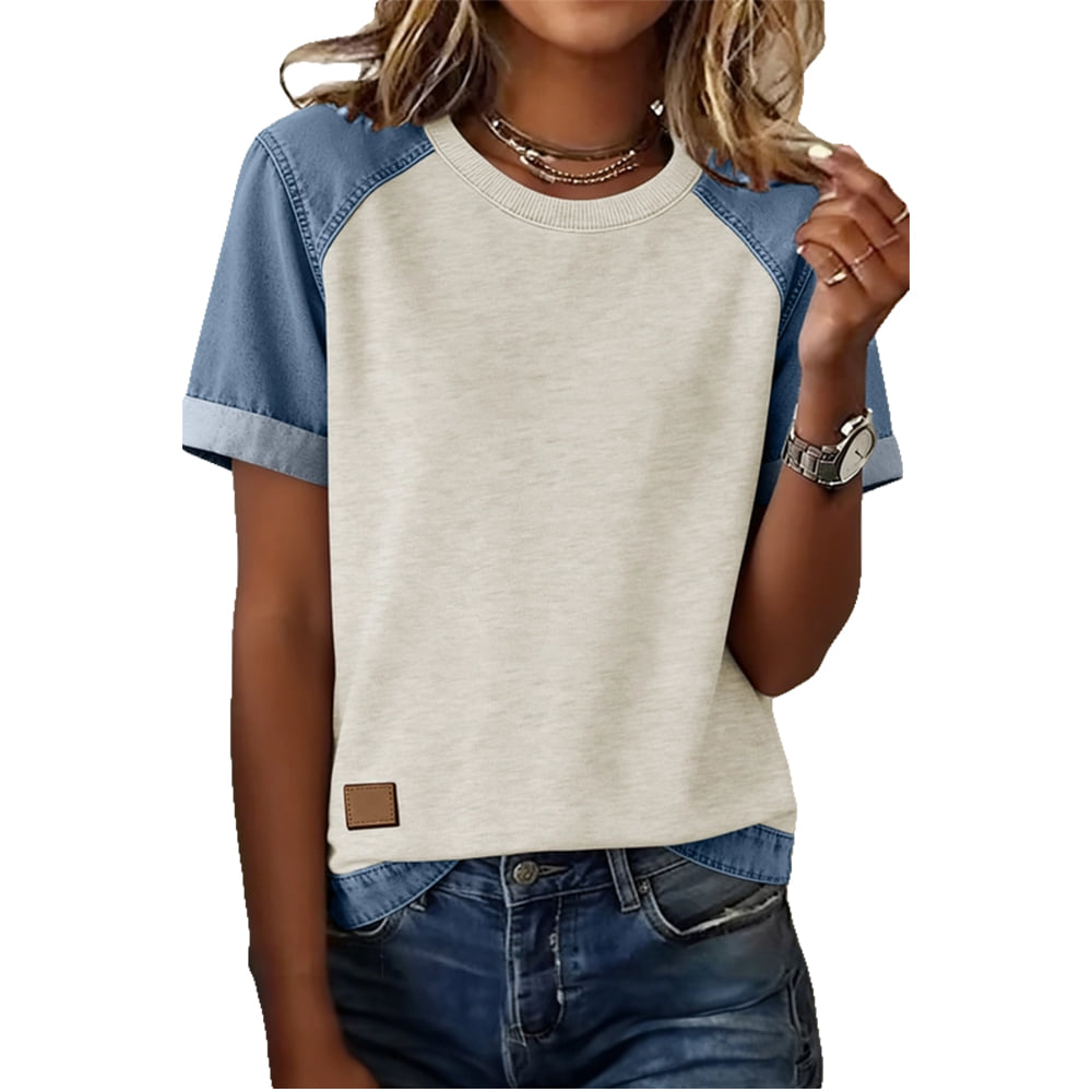 Aapparrella Apparel Aapparella Women's Beige Denim Color Block Patchwork Top