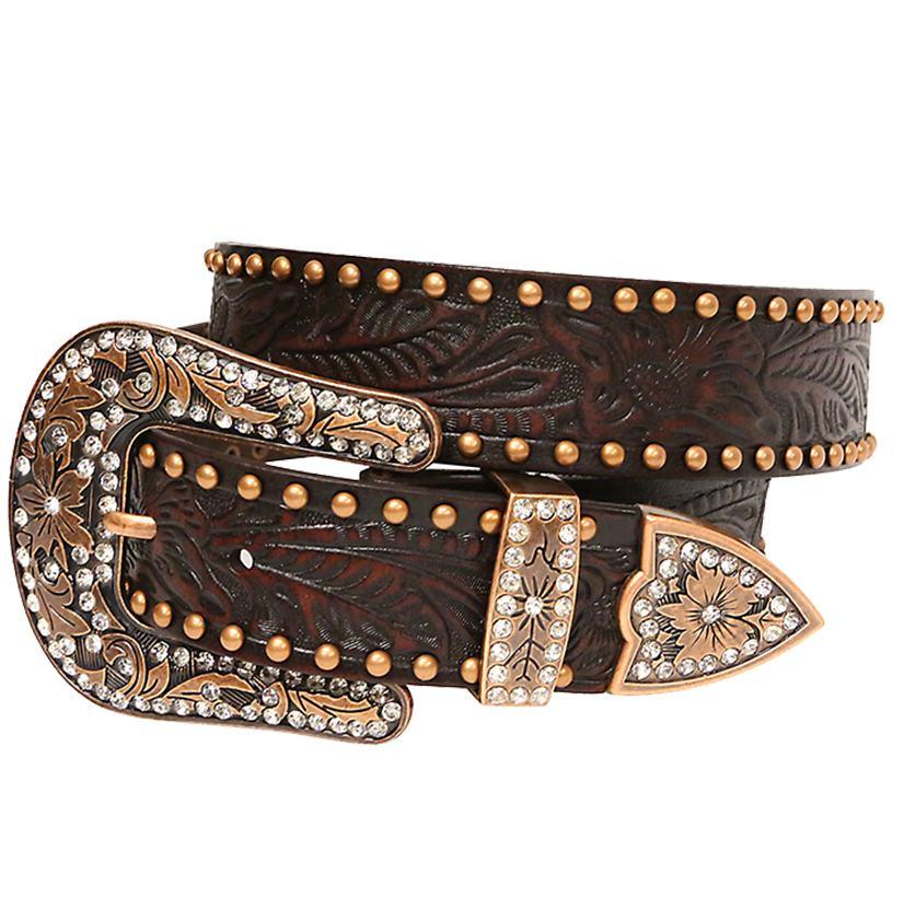 Angel Ranch Apparel Angel Ranch Womens 1 1/2" Tooled Dark Brown Leather and Copper Western Belt