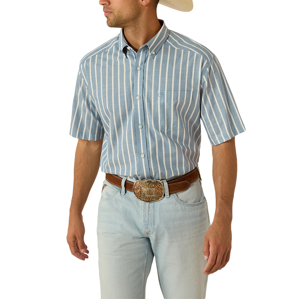 Ariat Apparel Ariat Men's Short Sleeve Pro Series Tre Shirt in Blue Shadow Stripes