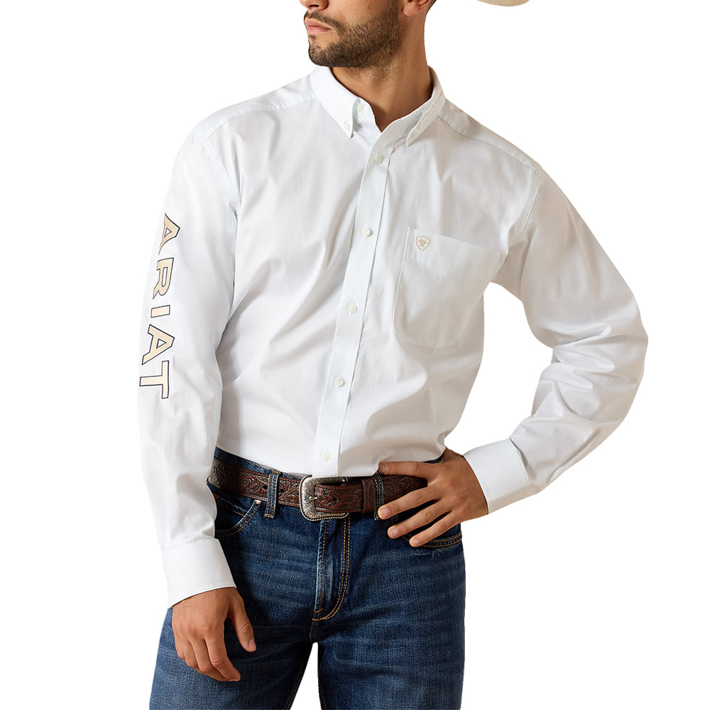 Ariat Apparel Ariat Men's White and Khaki Classic Team Logo Long Sleeve Button-Down Shirt