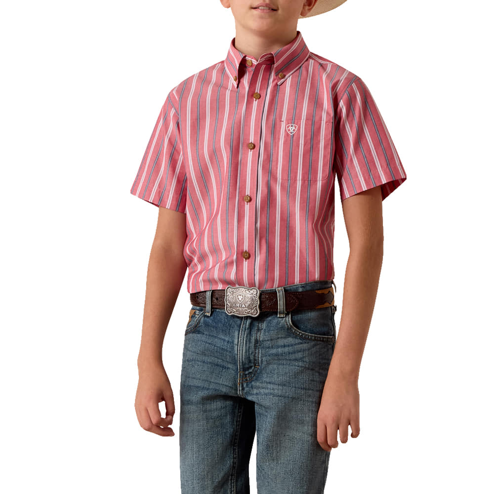 Ariat Apparel BOYS SHORT SLEEVE BUTTON DOWN PRO SERIES BOBBY SHIRT IN HIBISCUS RED STRIPE