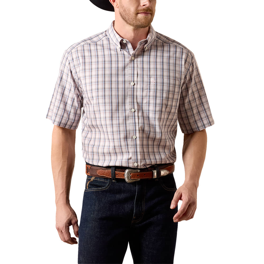 Ariat Apparel MENS CLASSIC SHORT SLEEVE WRINKLE FREE BUTTON DOWN IN WHITE MULTI BARLEY PINK