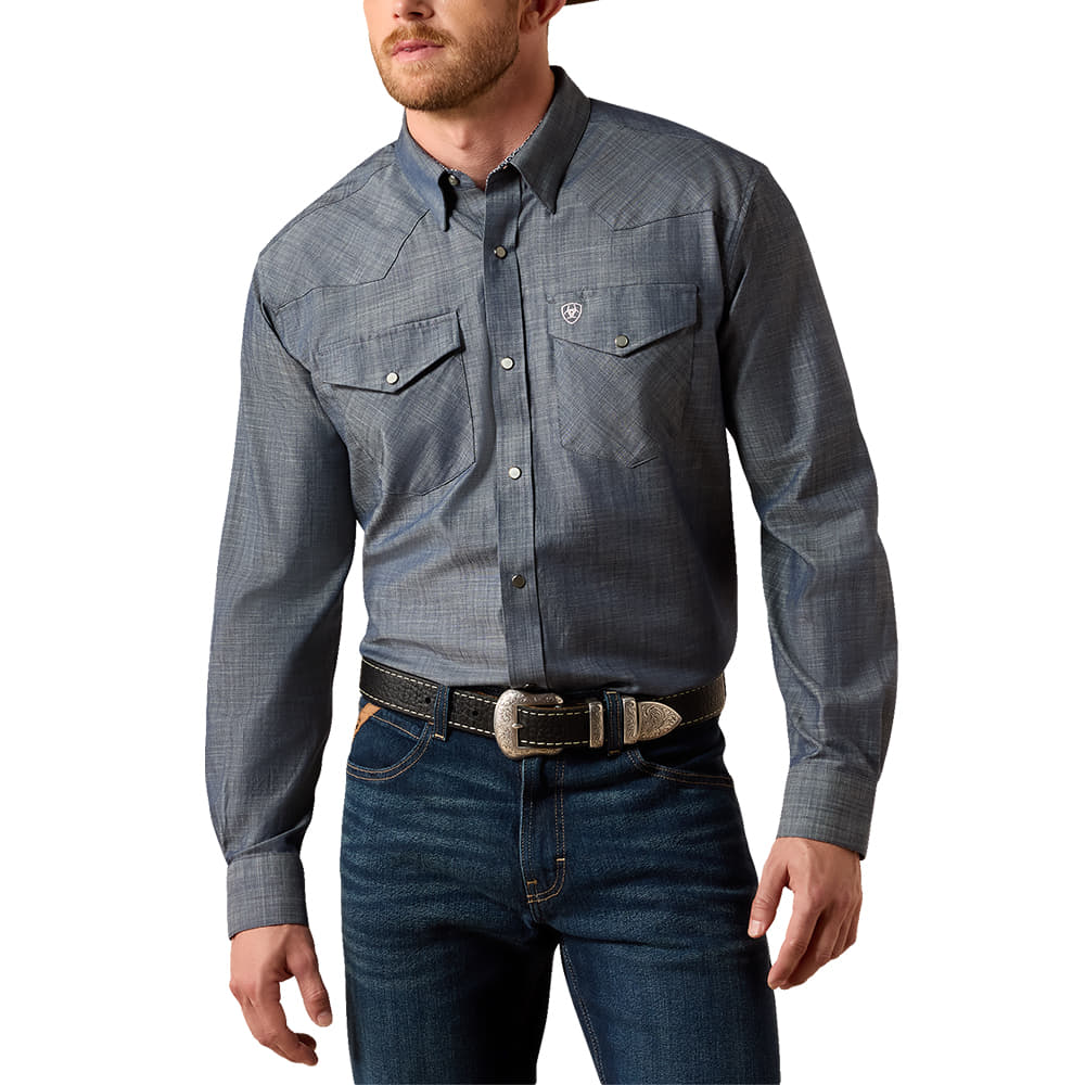 Ariat Apparel MENS WRINKLE FREE SNAP LONG SLEEVE REFINED SLUB SHIRT IN CHAMBRAY BLUE REFINED S