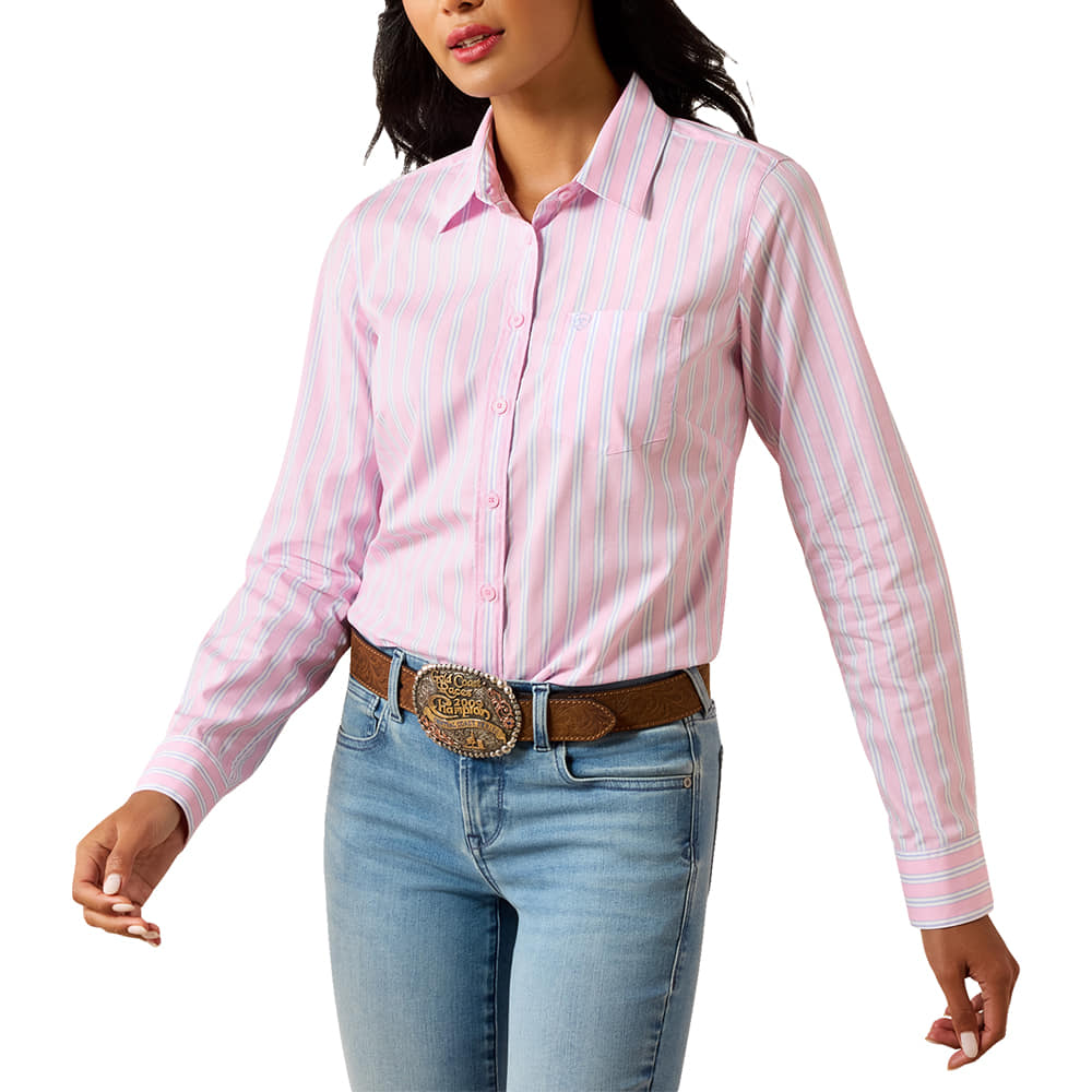 Ariat Apparel WOMENS KIRBY LONG SLEEVE BUTTON DOWN SHIRT IN PINK LAVENDER STRIPE