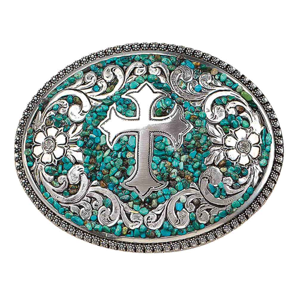 Blazin Roxx Apparel Blazin Roxx Silver Cross Buckle with Turquoise Chip Background