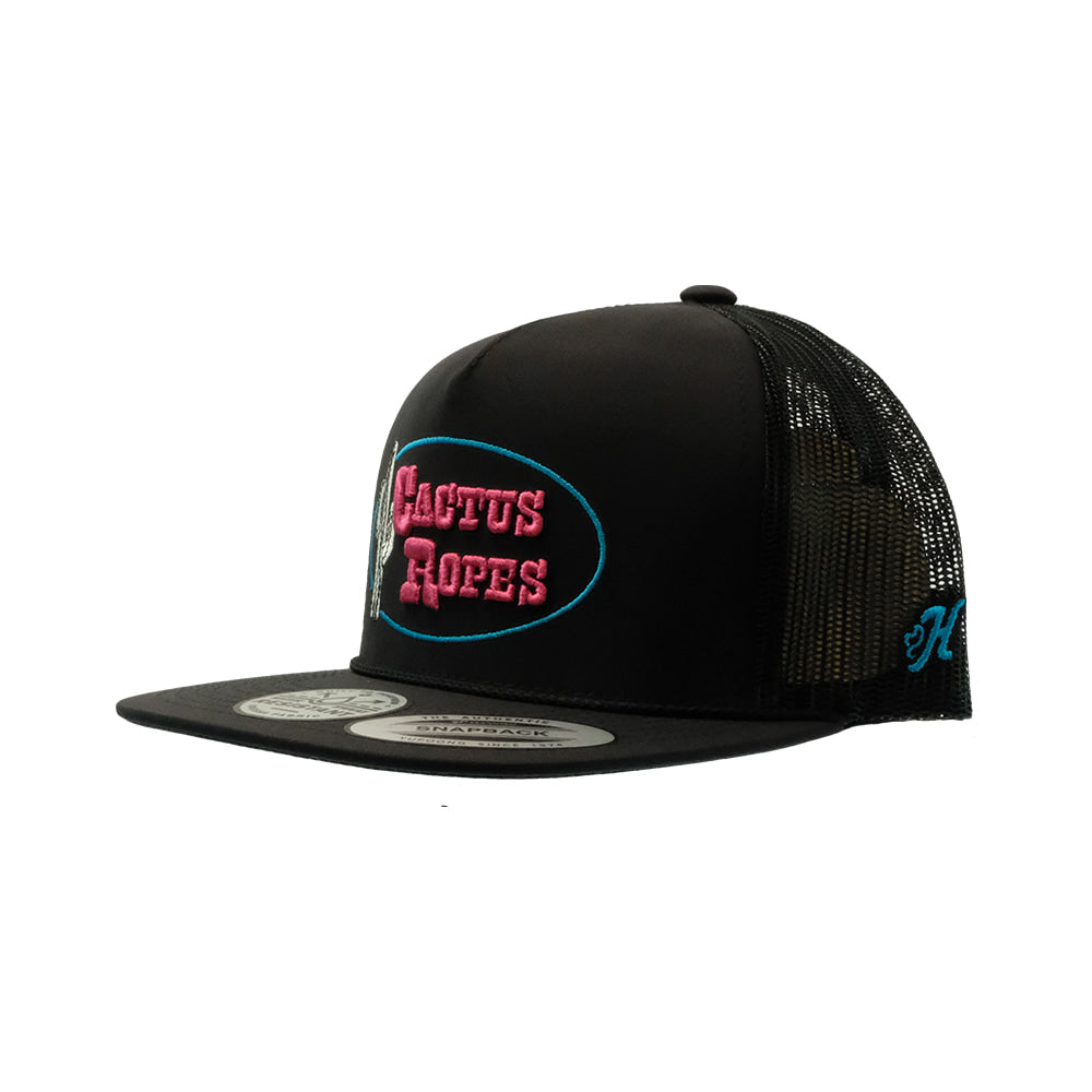 Cactus Ropes Hats Hooey Cactus 5 Panel Black Trucker Cap With Blue/Pink Stitching