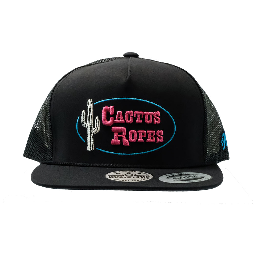 Cactus Ropes Hats Hooey Cactus 5 Panel Black Trucker Cap With Blue/Pink Stitching