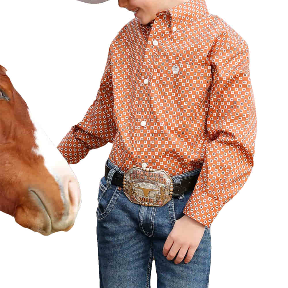 Cinch Apparel Cinch Boy's Long Sleeve Printed Button-Down Shirt in Brown
