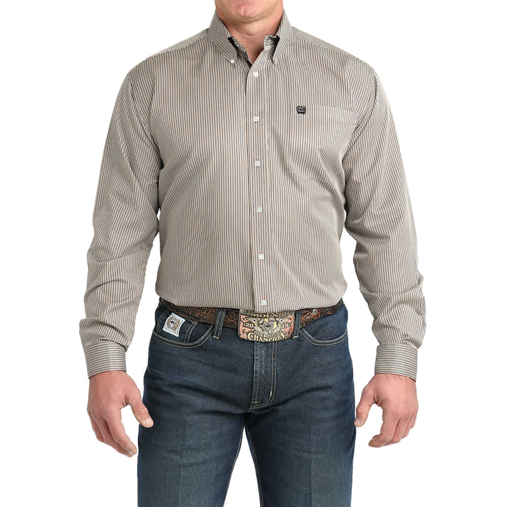 Cinch Apparel Cinch Brown Tencel Striped Long Sleeve Men's Button-Down Shirt