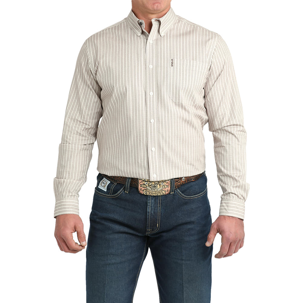 Cinch Apparel Cinch Cream Striped Modern Fit Long Sleeve Mens Shirt