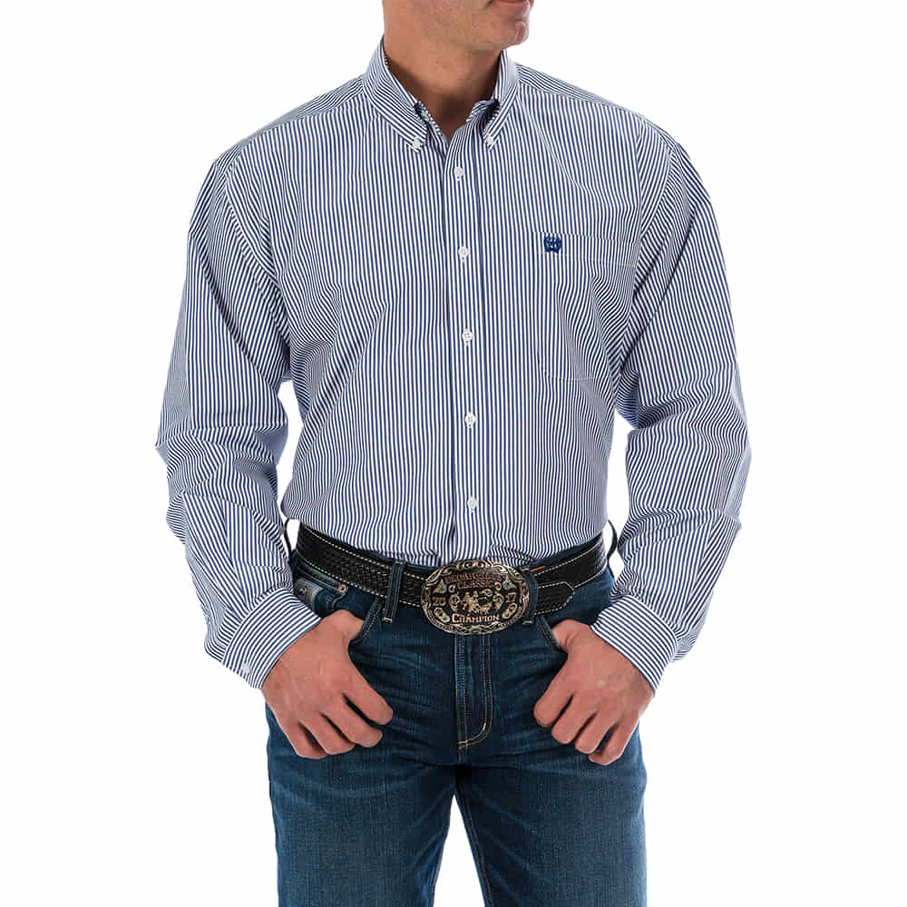 Cinch Apparel Cinch Men's Blue and White Stripe Long Sleeve Button-Down Shirt