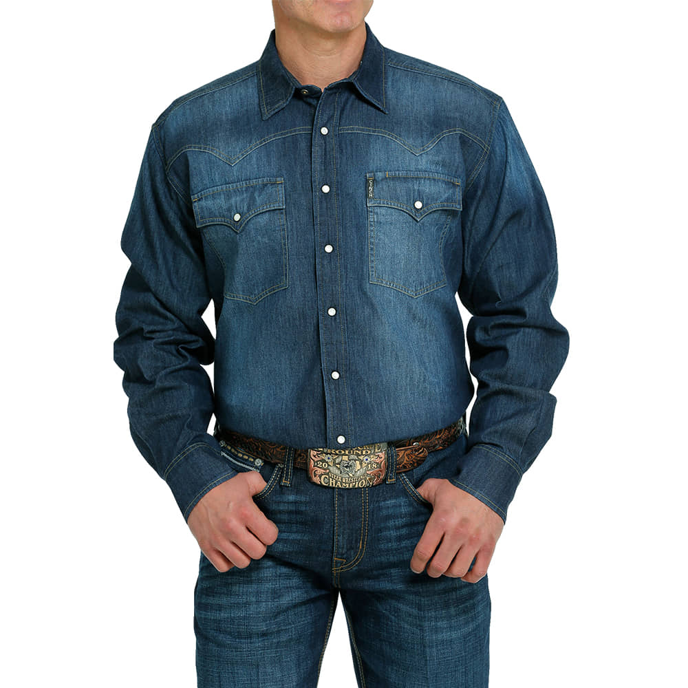 Cinch Apparel Cinch Men's Dark Stonewash Long Sleeve Denim Snap Shirt