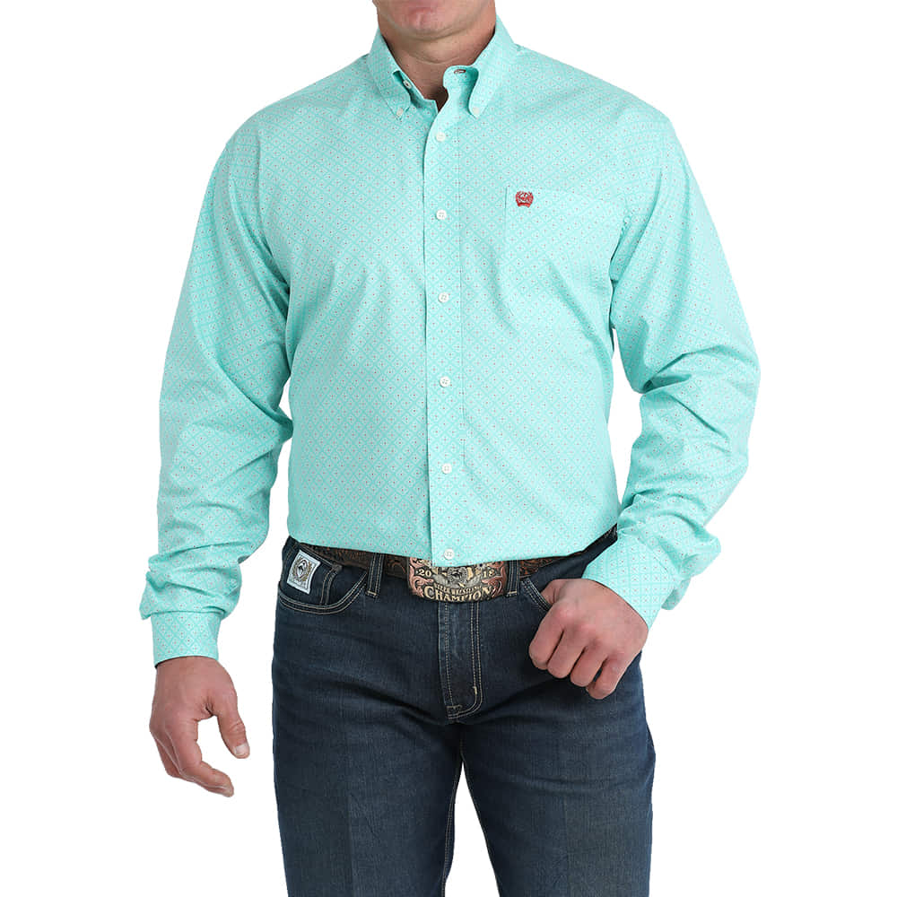 Cinch Apparel Cinch Men's Light Blue Pattern Long Sleeve Button-Down Shirt