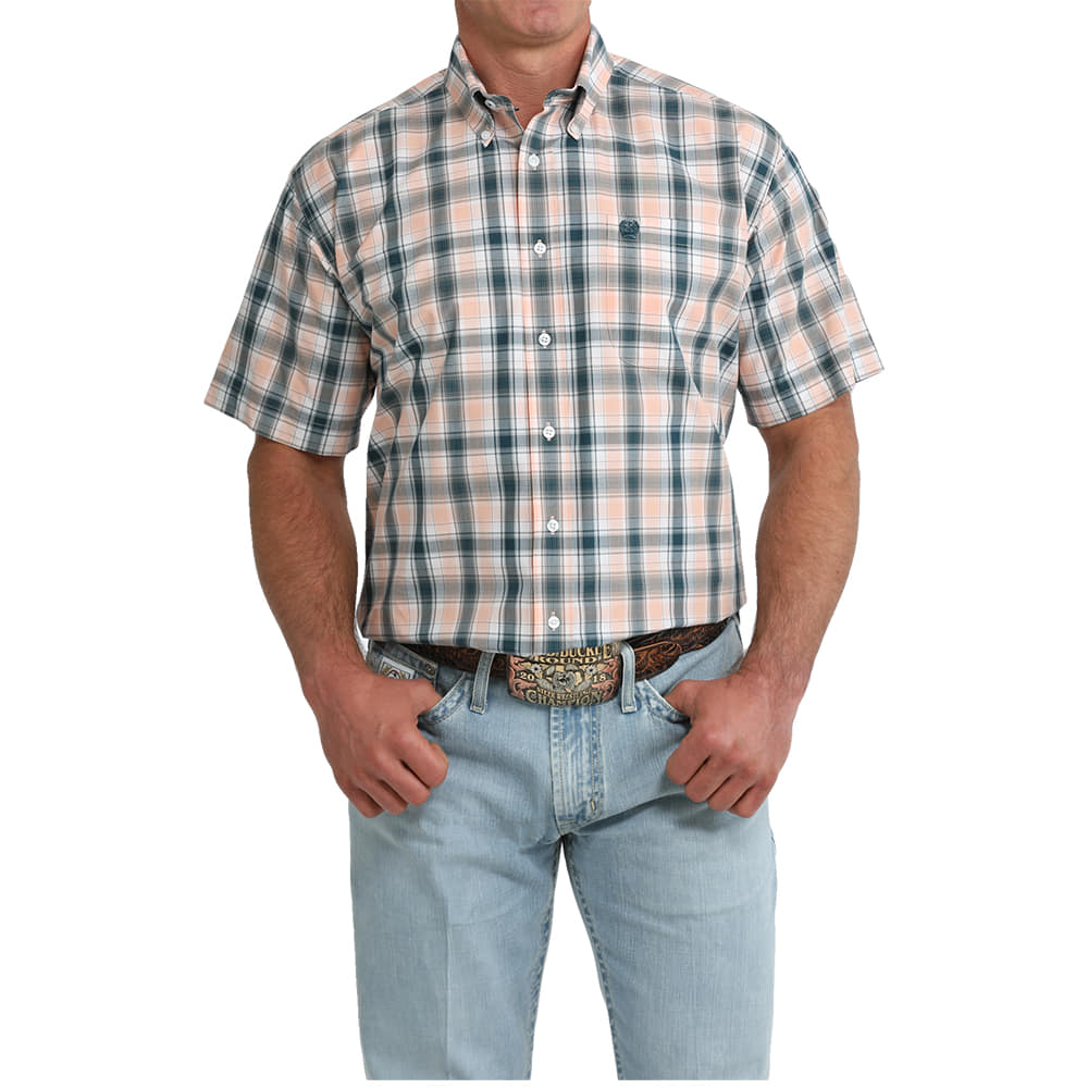 Cinch Apparel Cinch Men's Short Sleeve Plaid Button-Down Shirt in Coral