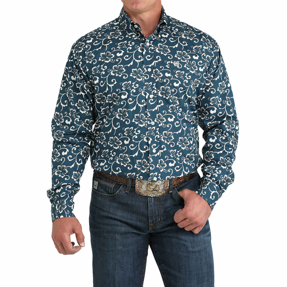Cinch Apparel Cinch Men's Teal Flower Print Button-Down Long Sleeve Shirt