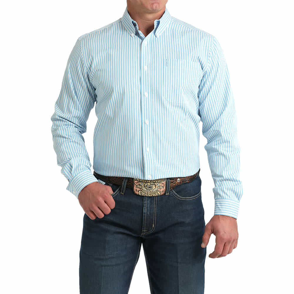 Cinch Apparel Cinch White and Blue Striped Modern Fit Long Sleeve Button Down Men's Shirt