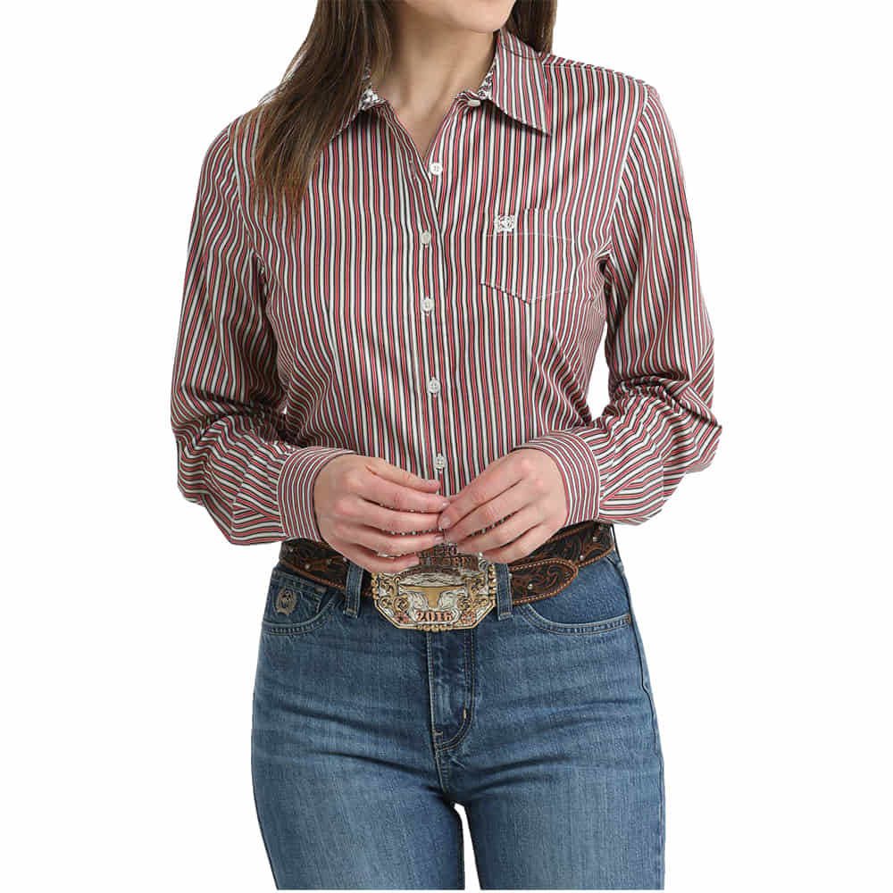 Cinch Apparel Cinch Women's Red Striped Tencel Long Sleeve Shirt