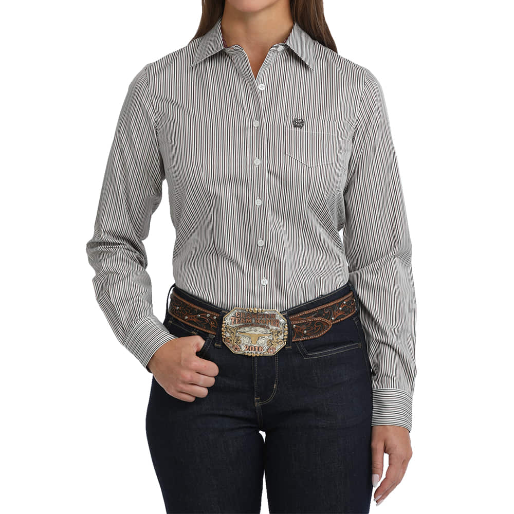 Cinch Apparel Womens Tencel Stripe Long Sleeve Button Down