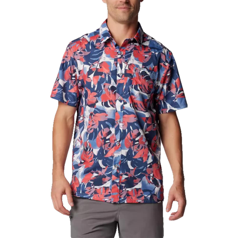 Columbia Sportswear Apparel Columbia Sportswear Collegiate Navy Ikat Palms Super Slack Tide Short Sleeve Men's Camp Shirt