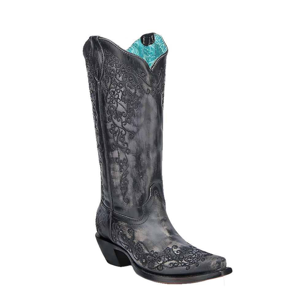 Corral Boots Footwear LD BLACK/BONE FLORAL EMBRODIERY