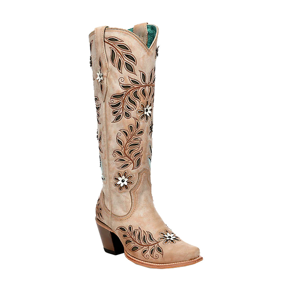 Corral Boots Footwear LD STRAW LASER AND FLOWERS BIRDS INLAY AND CRYSTALS TALL TOP