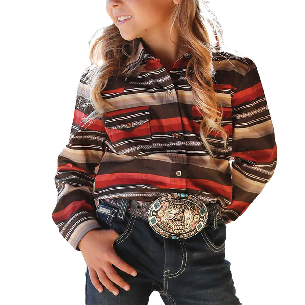Cruel Denim Apparel Cruel Denim Brown Stripped Rhinestone Snap Girl's Long Sleeve Shirt