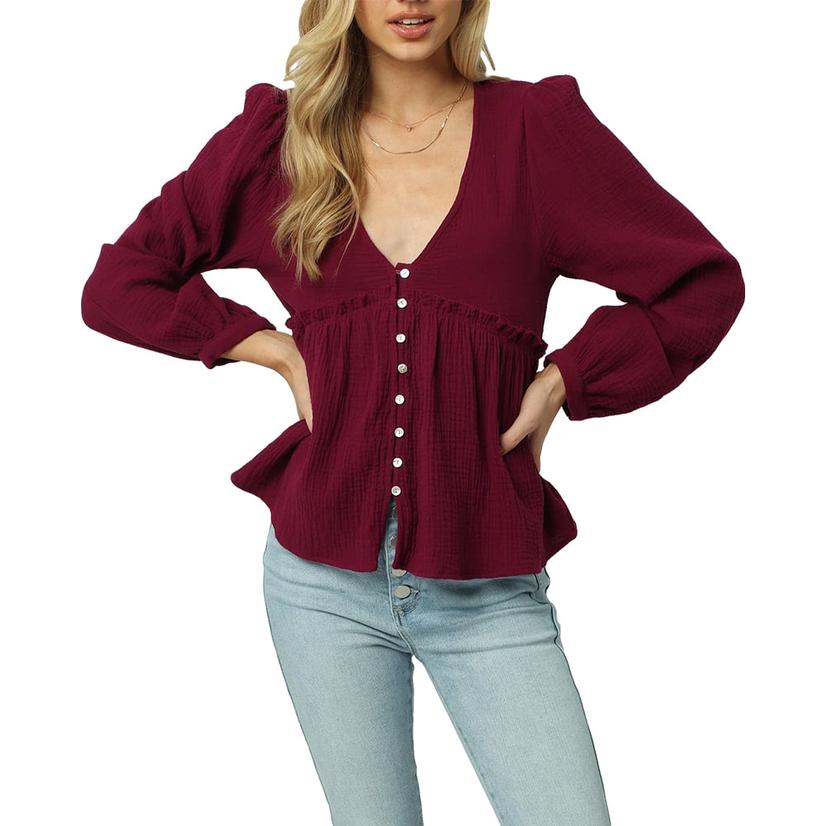 Dear John Denim Apparel Dear John Denim Fuchsia Oaklyn Long Sleeve Peplum Women's Blouse