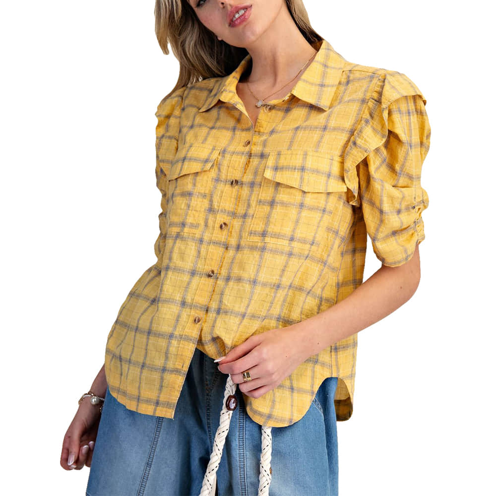 Easel Apparel Easel Women's Banana Plaid Puff Sleeve Blouse