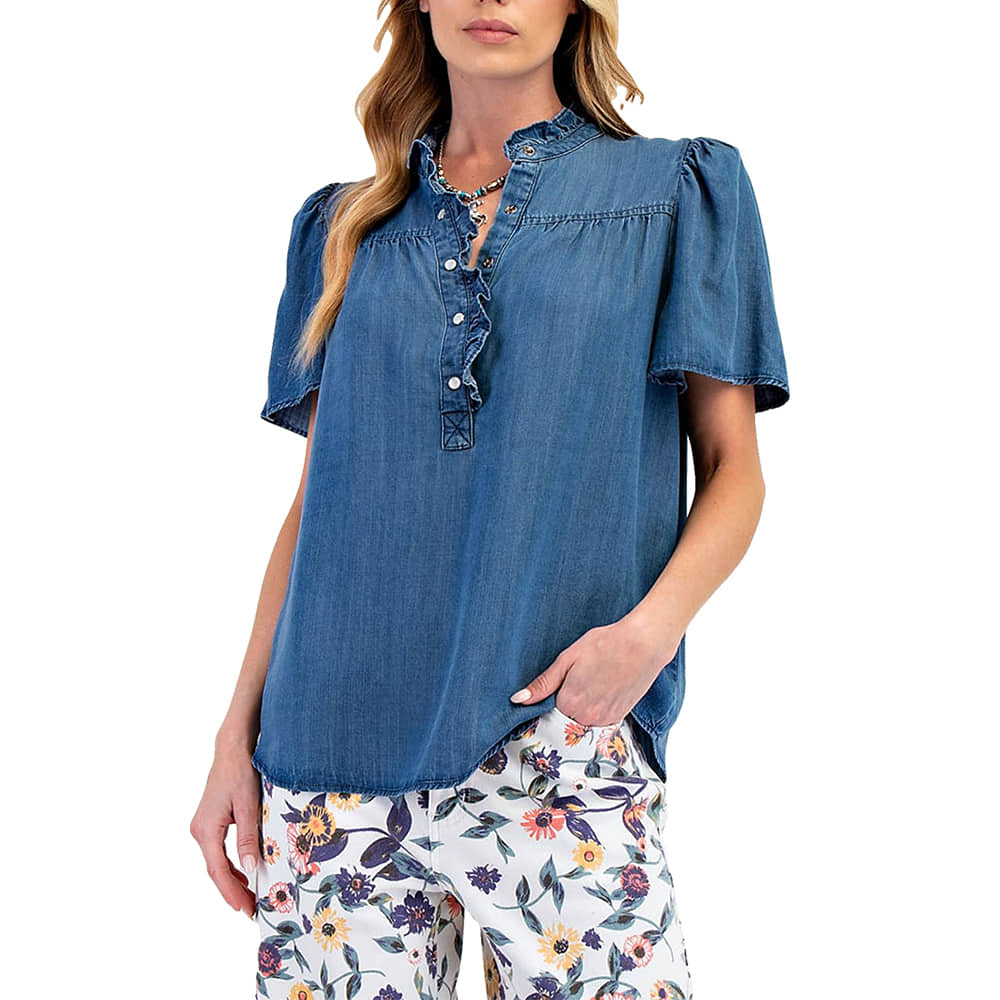 Easel Apparel Easel Women's Dark Denim Puff Sleeve Pearl Snap Blouse