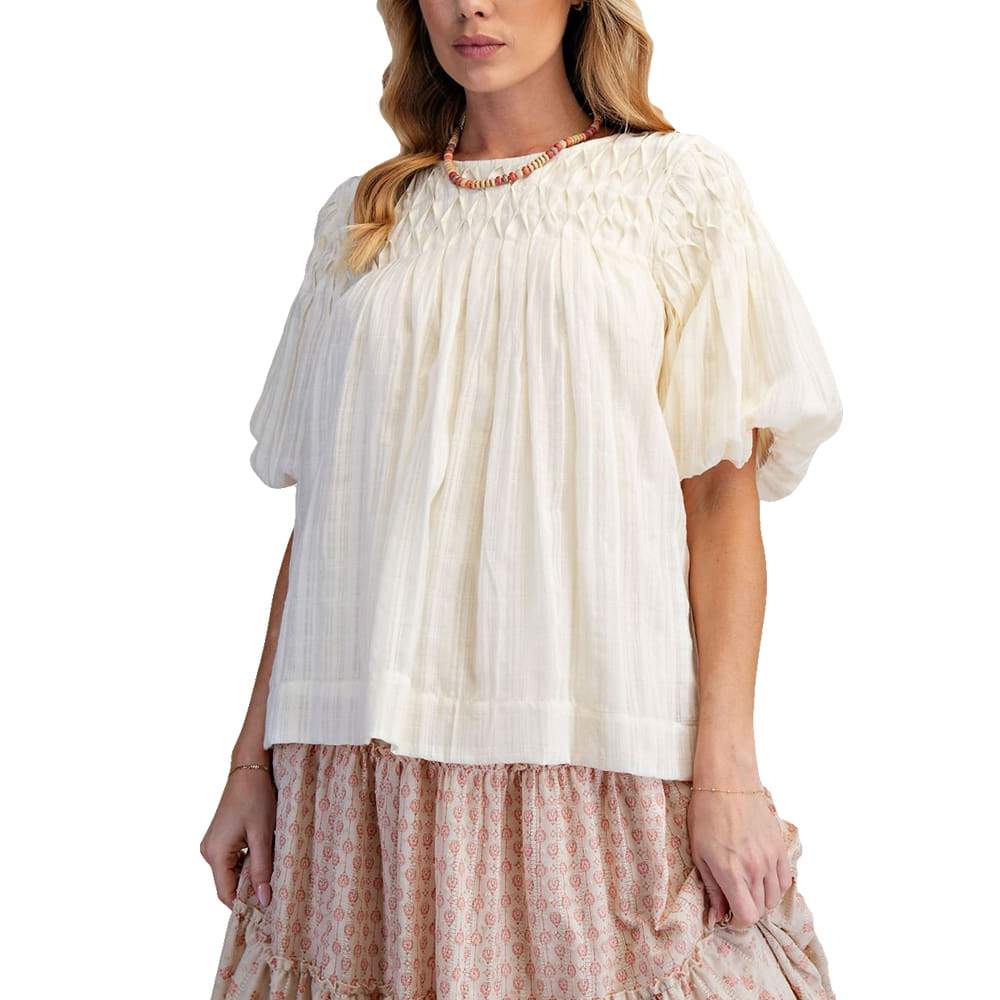 Easel Apparel Easel Women's Ivory Puff Sleeve Pleated Blouse