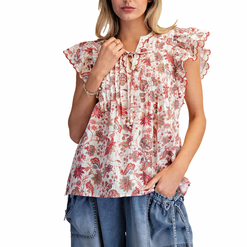 Easel Apparel Floral Wing Sleeve Blouse