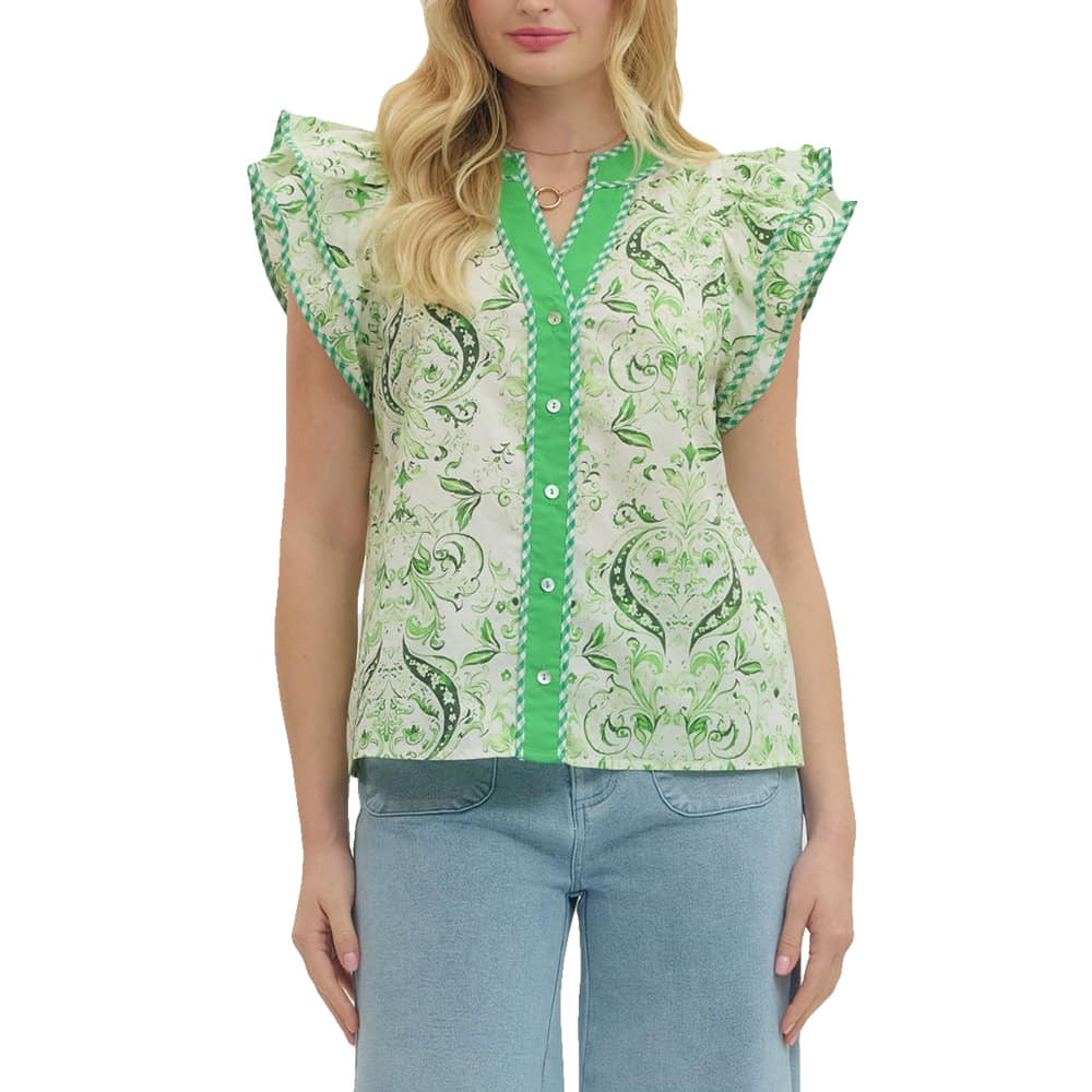 Entro Apparel Entro Women's Apple Green Button-Down Ruffle Sleeve Blouse