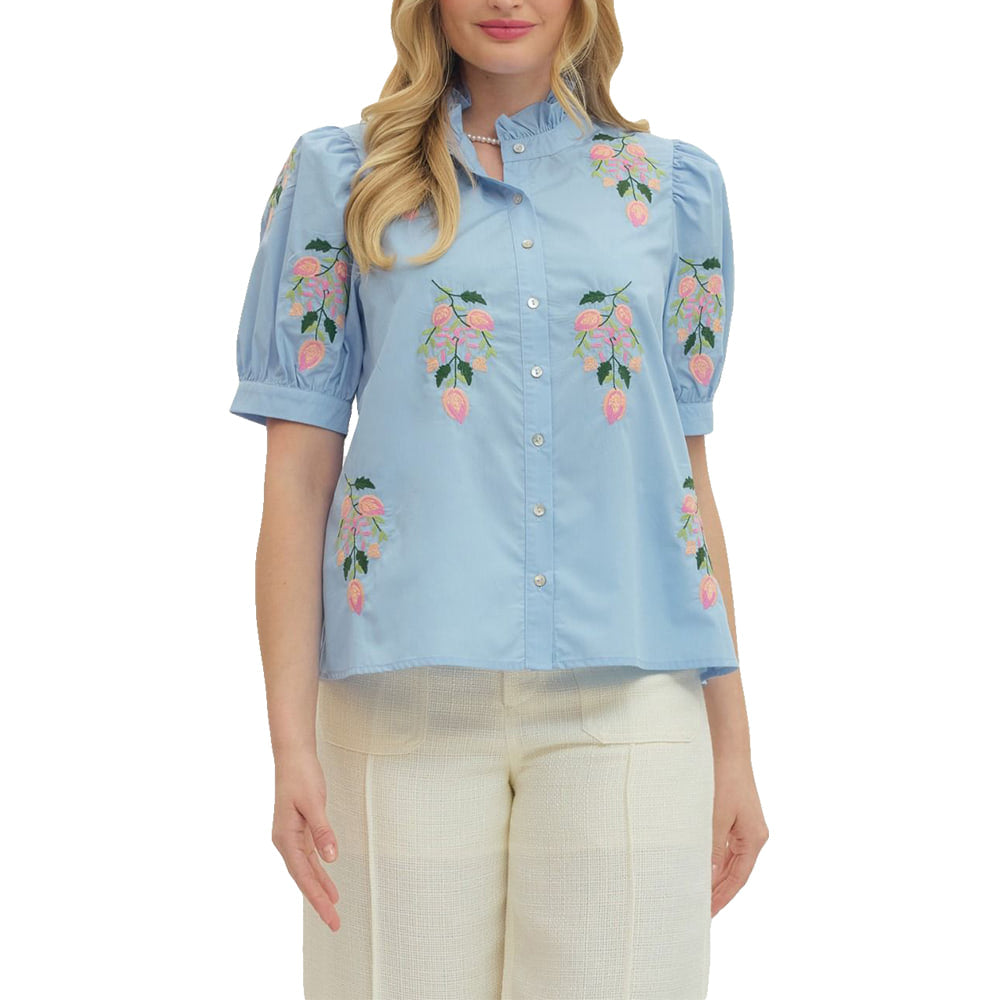 Entro Apparel Entro Women's Chambray Floral and Leaf Design Short Sleeve Blouse