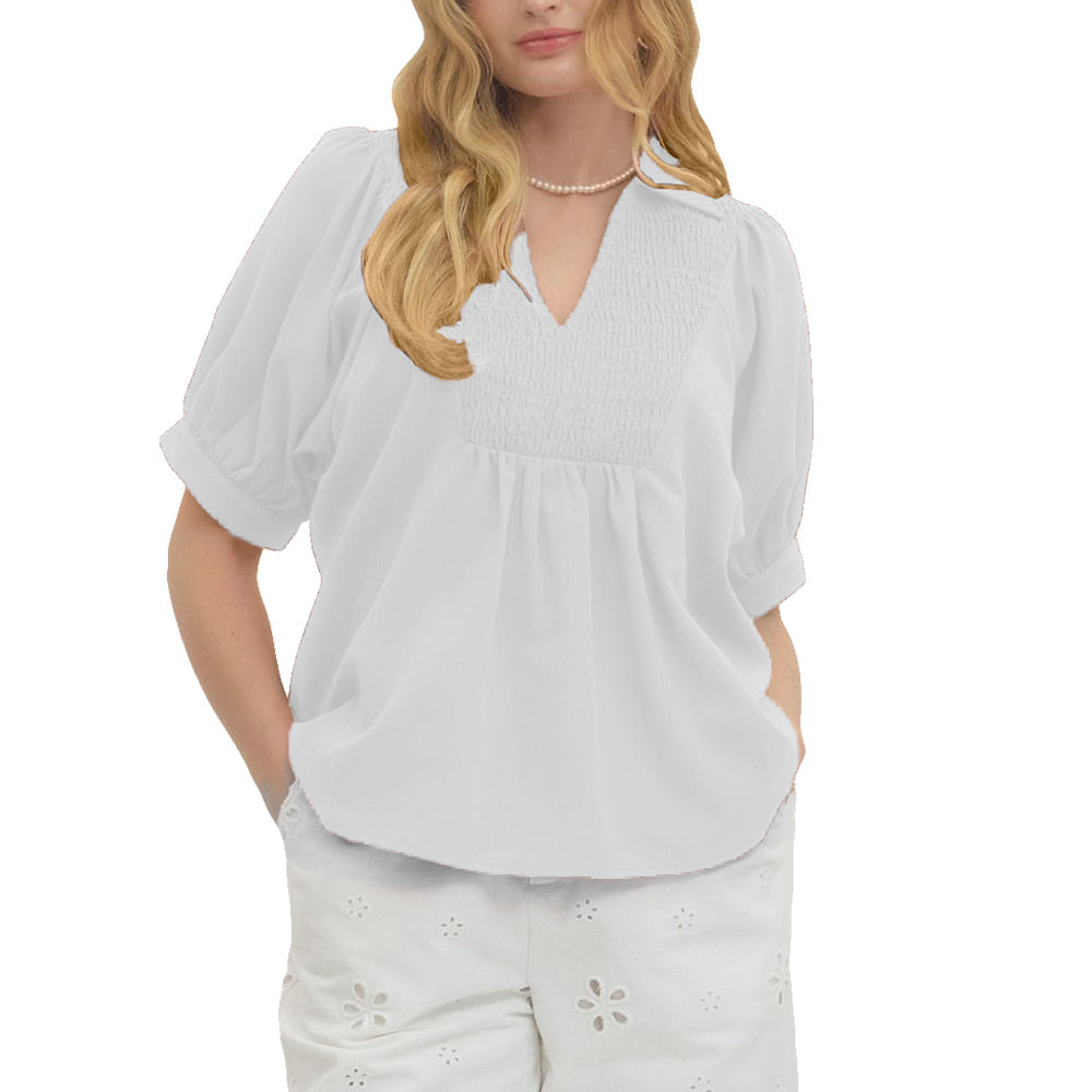Entro Apparel Puff Sleeve Smocked Blouse