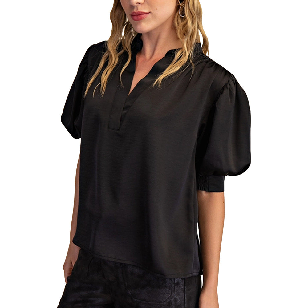 Glam Apparel Glam Women's Black Satin Puff Sleeve Top