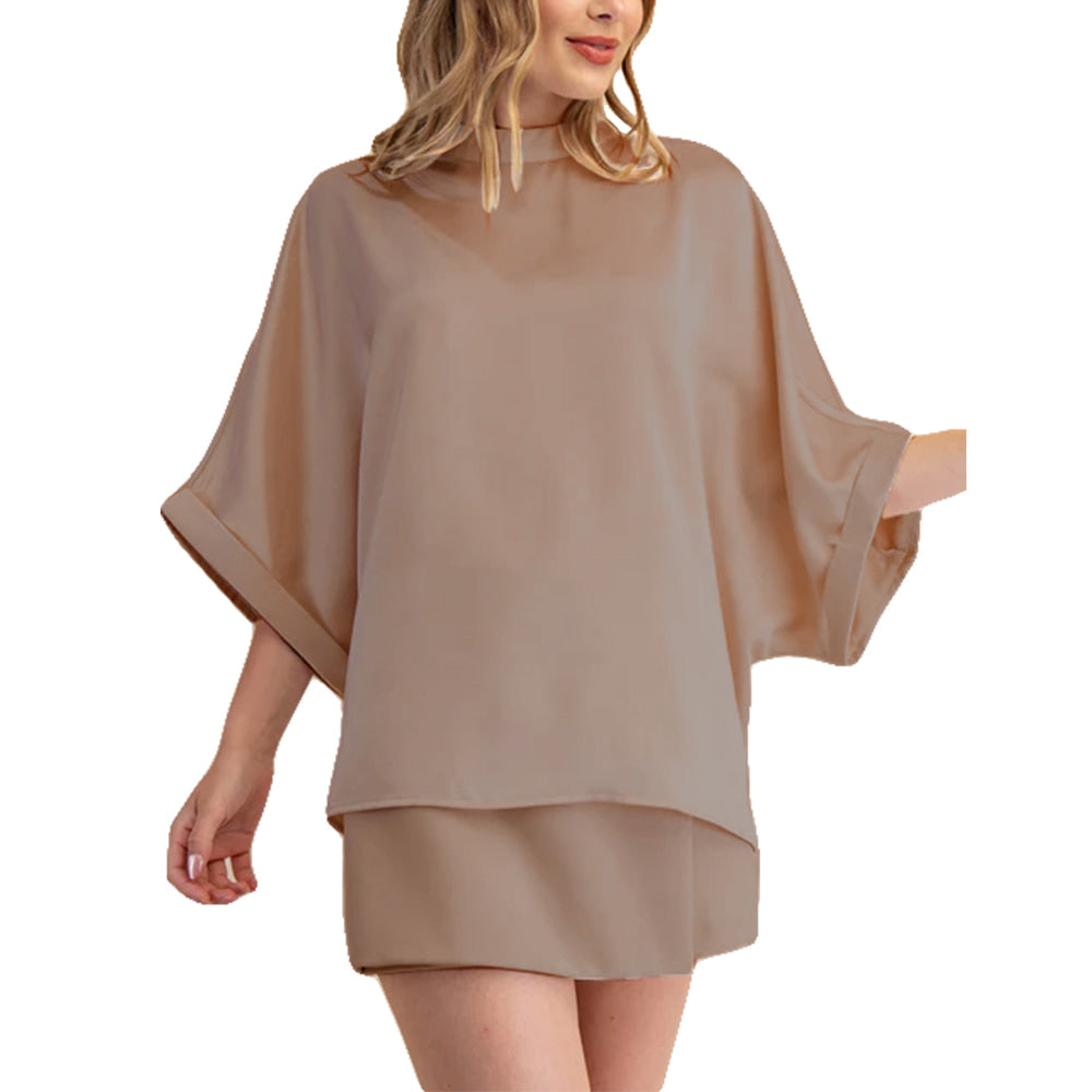 Glam Apparel Glam Women's Mocha Mock Neck Oversize Top