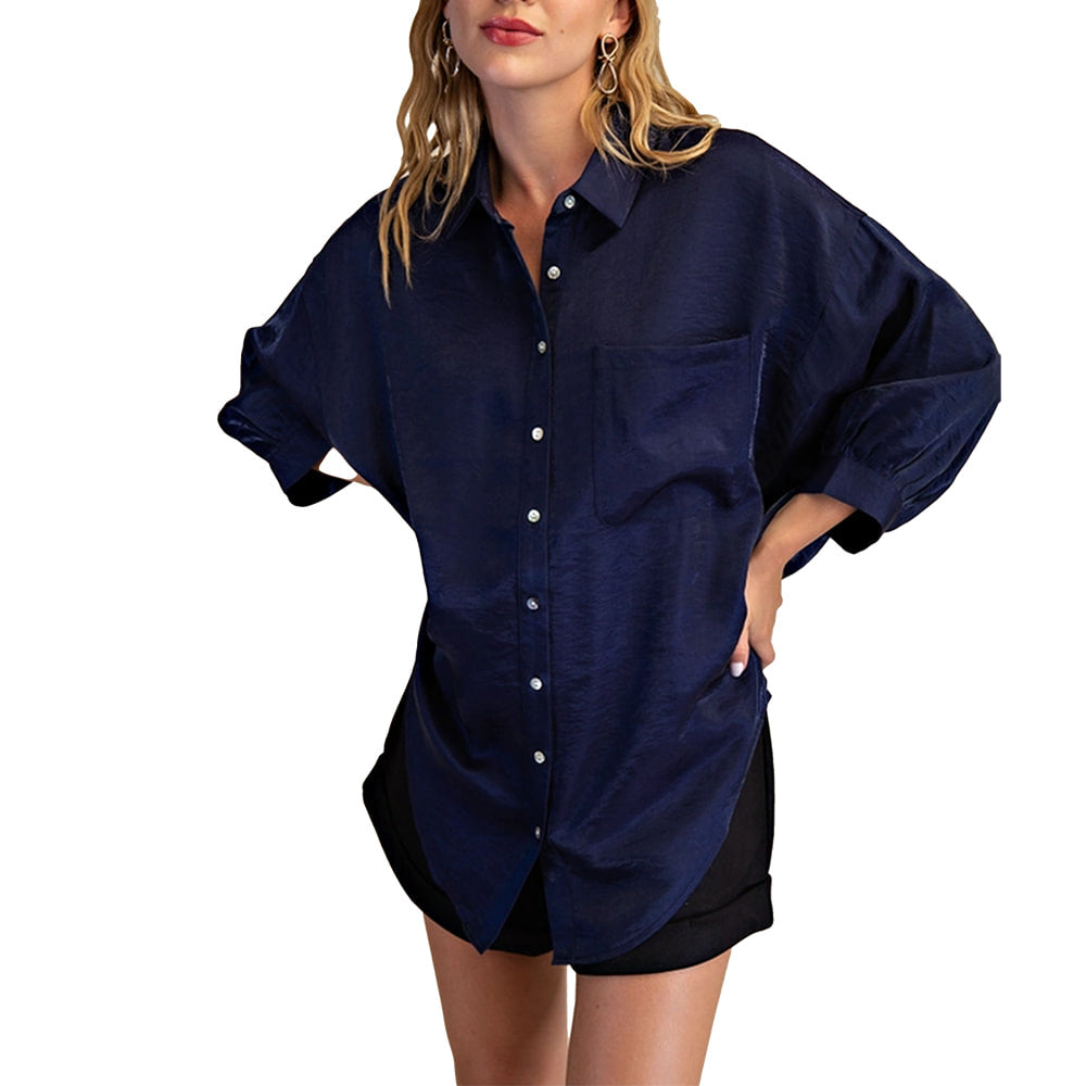 Glam Apparel Navy / S Glam Women's Collar Neck Oversized Shirt