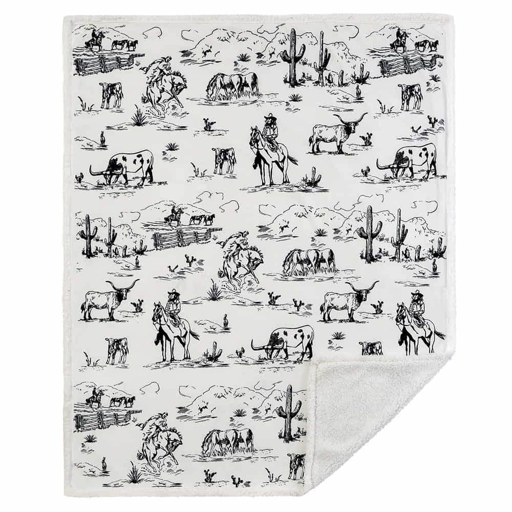 HiEnd Accents Home Decor Ranch Life Western Toile Campfire Sherpa Throw, 54 x 68, Black,