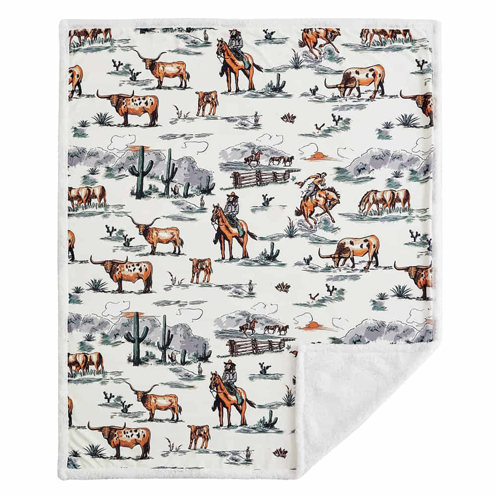 HiEnd Accents Home Decor Ranch Life Western Toile Campfire Sherpa Throw, 54 x 68, Duffle Bag,