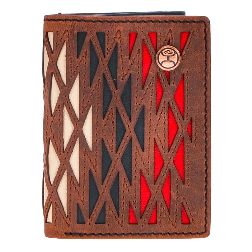 Hooey Other Multi / OSFA Hooey Laser Cut Aztec Print Leather Trifold Wallet with Black Red Ivory Inlay