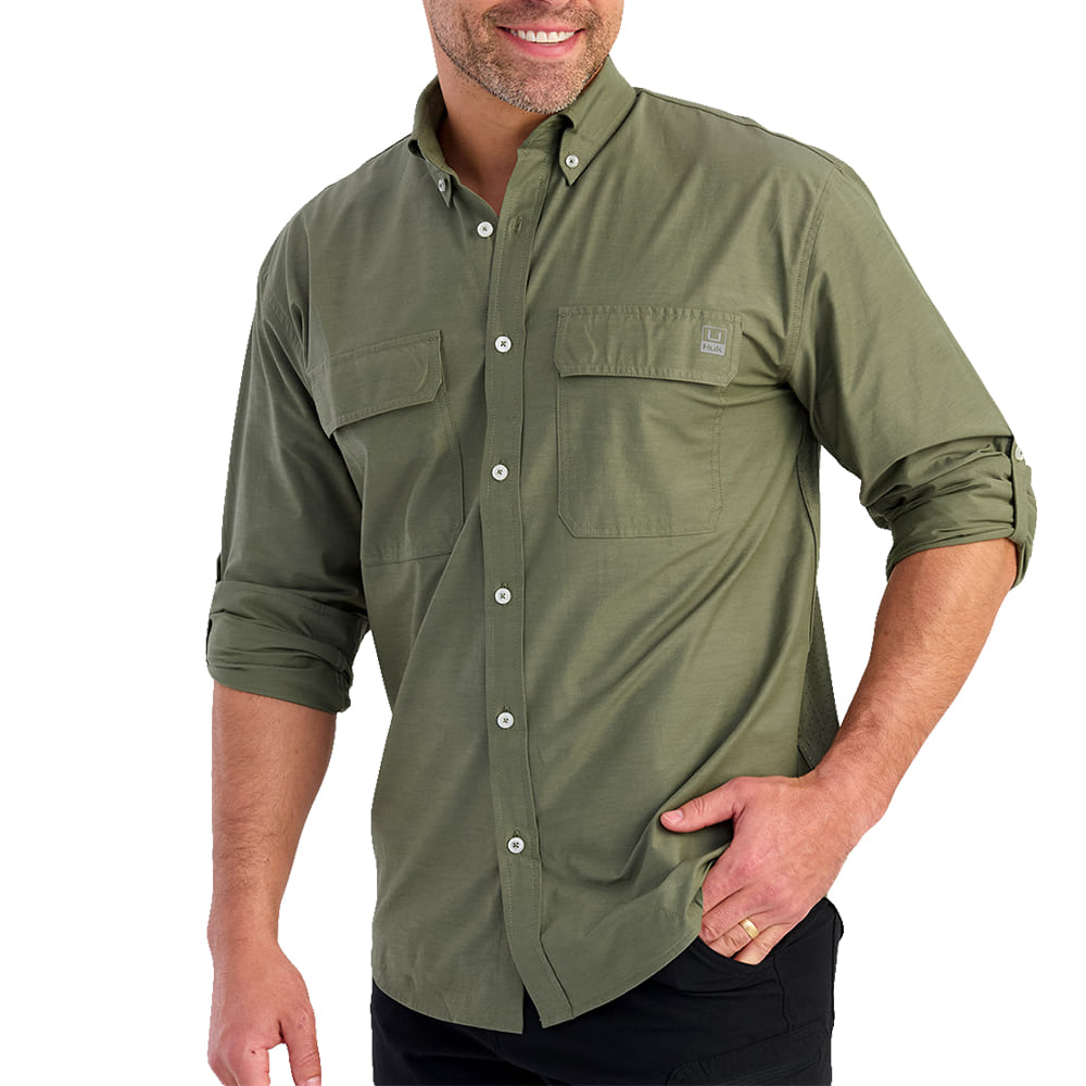 Huk Apparel Huk Men's NXTLVL Long Sleeve Button-Down Shirt in Moss