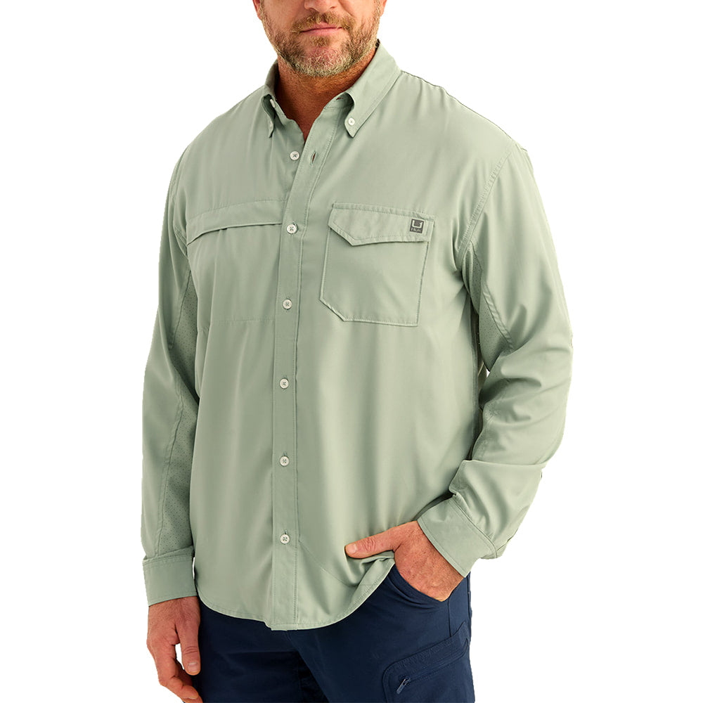 Huk Apparel Huk Tide Point Long Sleeve Men's Shirt In Fog Green