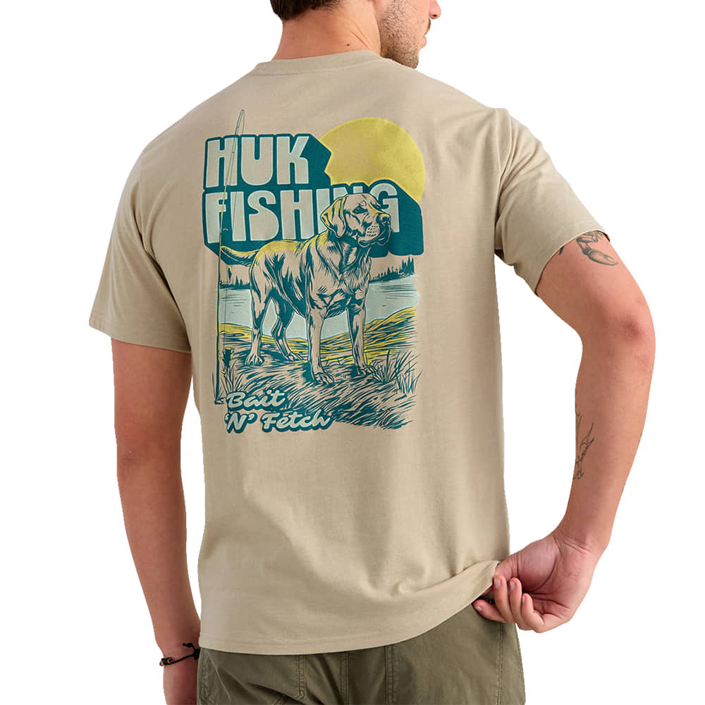 Huk Apparel MENS BAIT N FETCH SHORT SLEEVE GRAPHIC TEE IN RIVER ROCK HEATHER